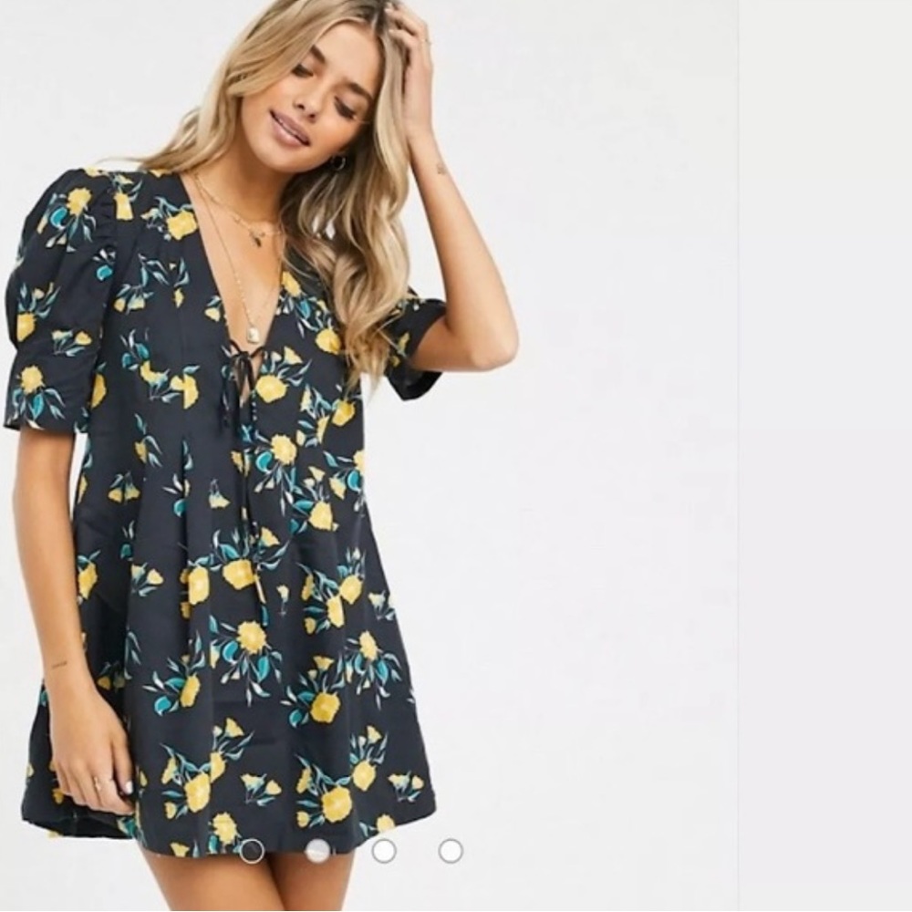 Free people mini dress yellow flowers on black floral size S